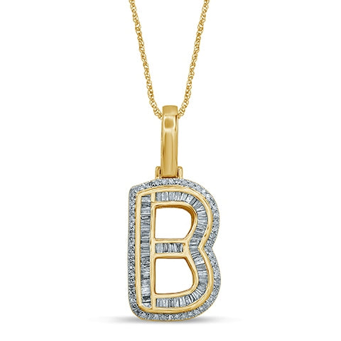 10K Yellow Gold Baguette & Round Diamond  Initial Pendant Necklace