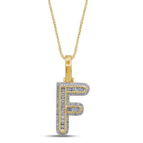 10K Yellow Gold Baguette & Round Diamond  Initial Pendant Necklace