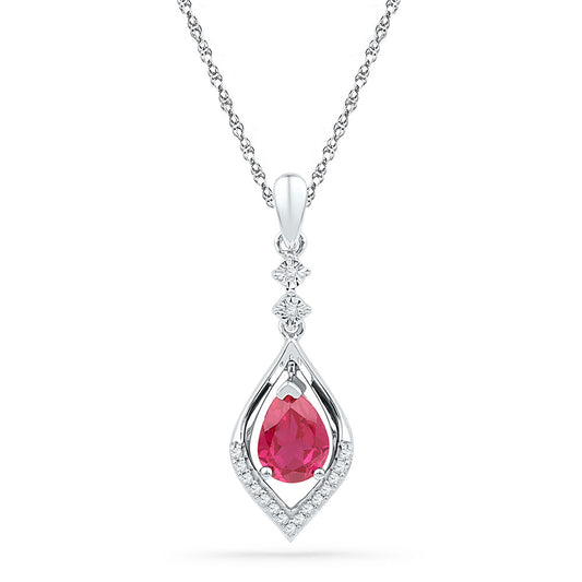 Sterling Silver Womens Oval Synthetic Ruby Diamond Solitaire Pendant 1 Cttw, Length: 0.96 In, Width: 0.38 In