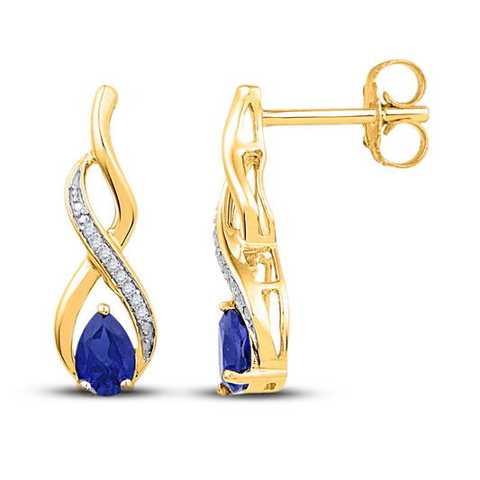 10K Yellow Gold Womens Pear Synthetic Blue Sapphire Diamond Earrings 1 Cttw, Length: 0.78 In, Width: 0.26 In
