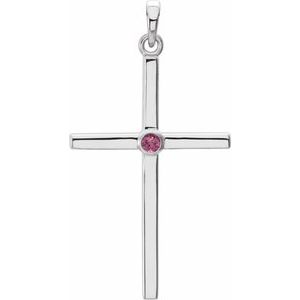 14K White Gold Round 2 Mm Natural Pink Tourmaline Cross Pendant