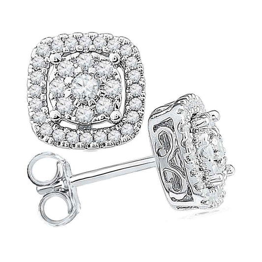 10K White Gold Womens Round Diamond Framed Square Cluster Earrings 1/2 Cttw, Length: 0.34 In, Width: 0.34 In