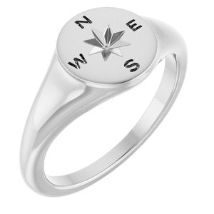 Sterling Silver Polished Compass Signet Ring Size 7