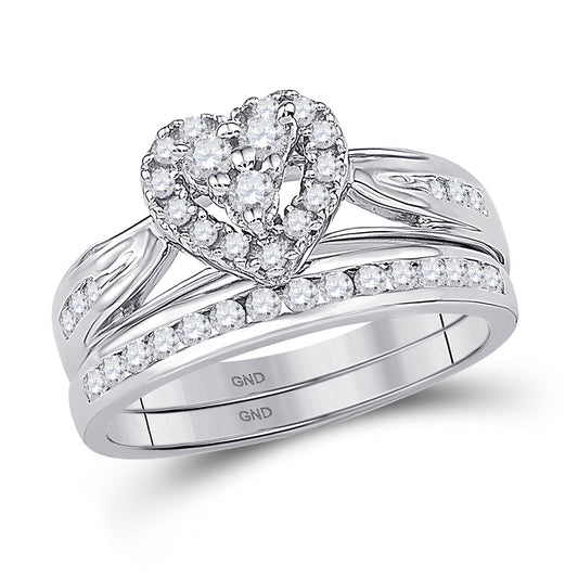 10K White Gold Round Diamond Heart Bridal Wedding Ring Band Set 1/2 Cttw, Womens Size: 5-10