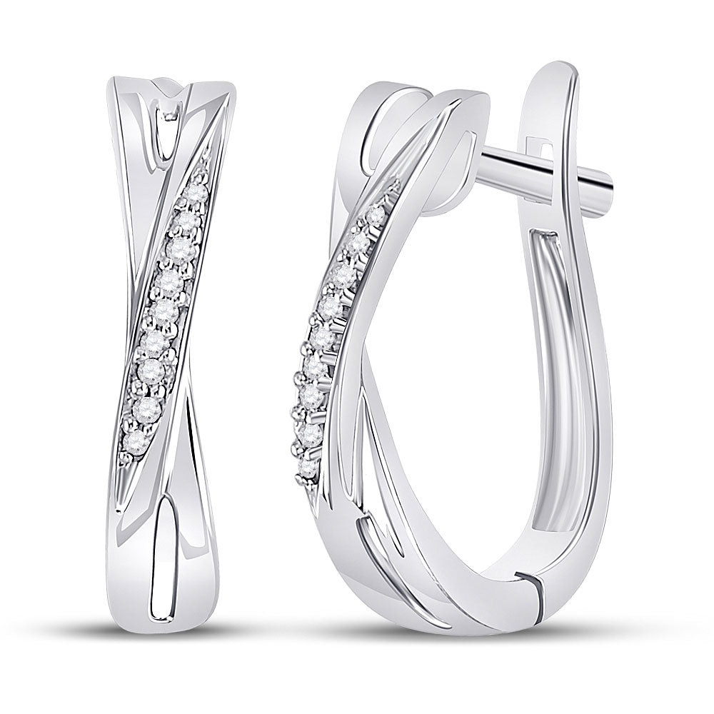 10K White Gold Womens Round Diamond Slender Crossover Hoop Earrings 1/20 Cttw, Length: 0.58 In, Width: 0.14 In