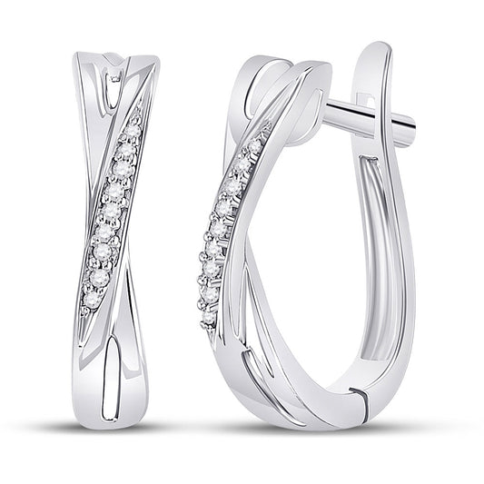 10K White Gold Womens Round Diamond Slender Crossover Hoop Earrings 1/20 Cttw, Length: 0.58 In, Width: 0.14 In