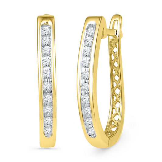 10K Yellow Gold Womens Round Diamond Slender Single Row Oblong Hoop Earrings 1/5 Cttw, Length: 0.73 In, Width: 0.11 In