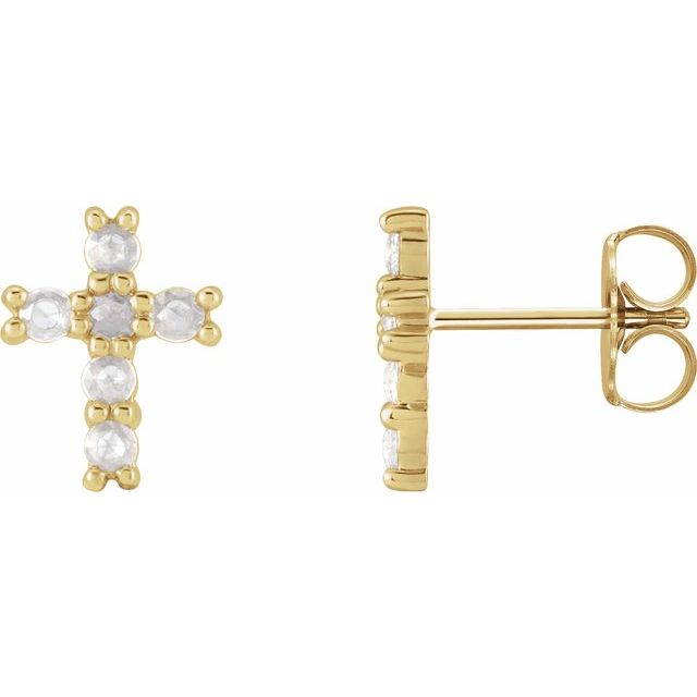 14K Yellow Gold 2 Mm Round Friction Back  Polished 1/5 Ctw Natural Diamond Rose-Cut Petite Cross Earrings