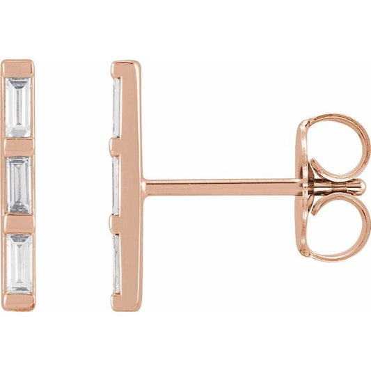 14K Rose Gold 3-Stone 2.5 X 1Mm Si2-Si3, Ghi Polished 1/8 Ctw Natural Diamond Bar Earrings