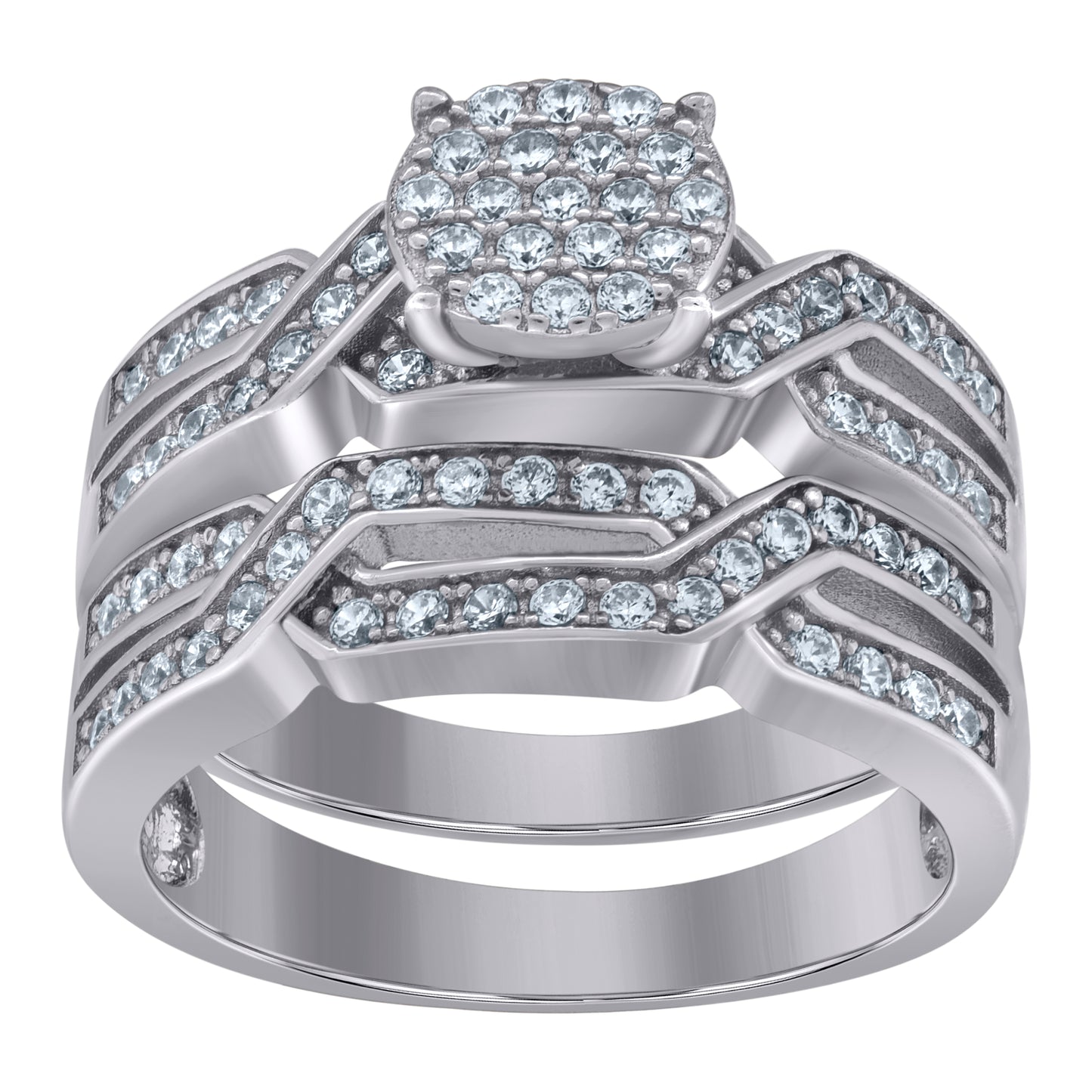Sterling Silver Womens Cubic-Zirconia Duo Bridal Anniversary Wedding Engagement Band Ring Set