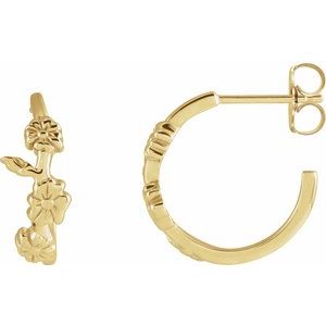 14K Yellow Gold 15 X 15 Mm Pair Friction Back Included Polished Floral Hoop Earrings