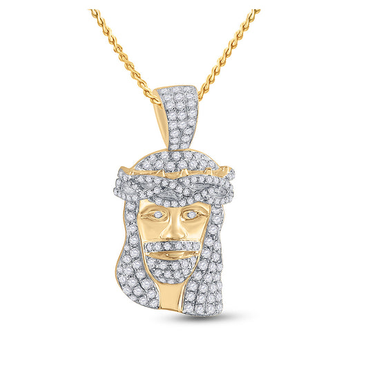 10K Yellow Gold Mens Round Diamond Jesus Face Charm Pendant 3/4 Cttw, Length: 1.2 In, Width: 0.61 In