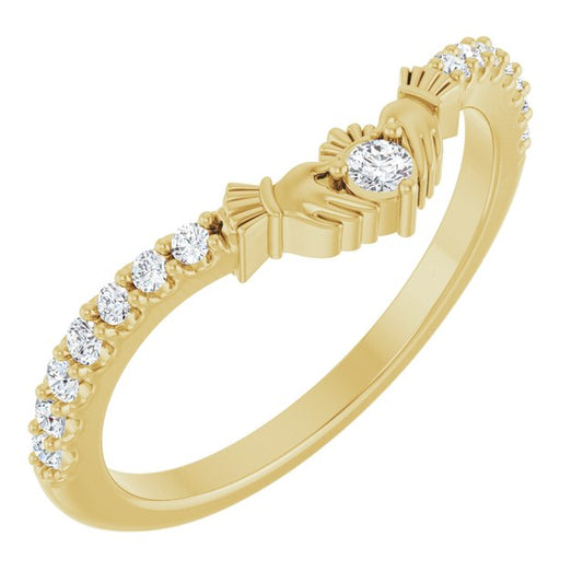 14K Yellow Or White Gold Round 2 Mm Polished 1/5 Ctw Lab Grown Diamond Claddagh Contour Band, Size 7