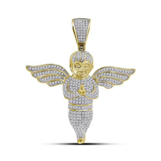 10K Yellow Gold Mens Round Diamond Angel Charm Pendant 1-1/2 Cttw, Length: 2.29 In, Width: 1.09 In