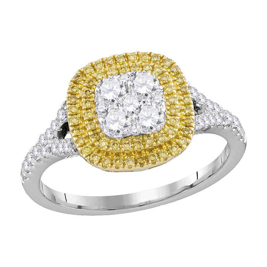 18K White Gold Womens Round Yellow Diamond Cluster Ring 3/4 Cttw, Womens Size: 5-10