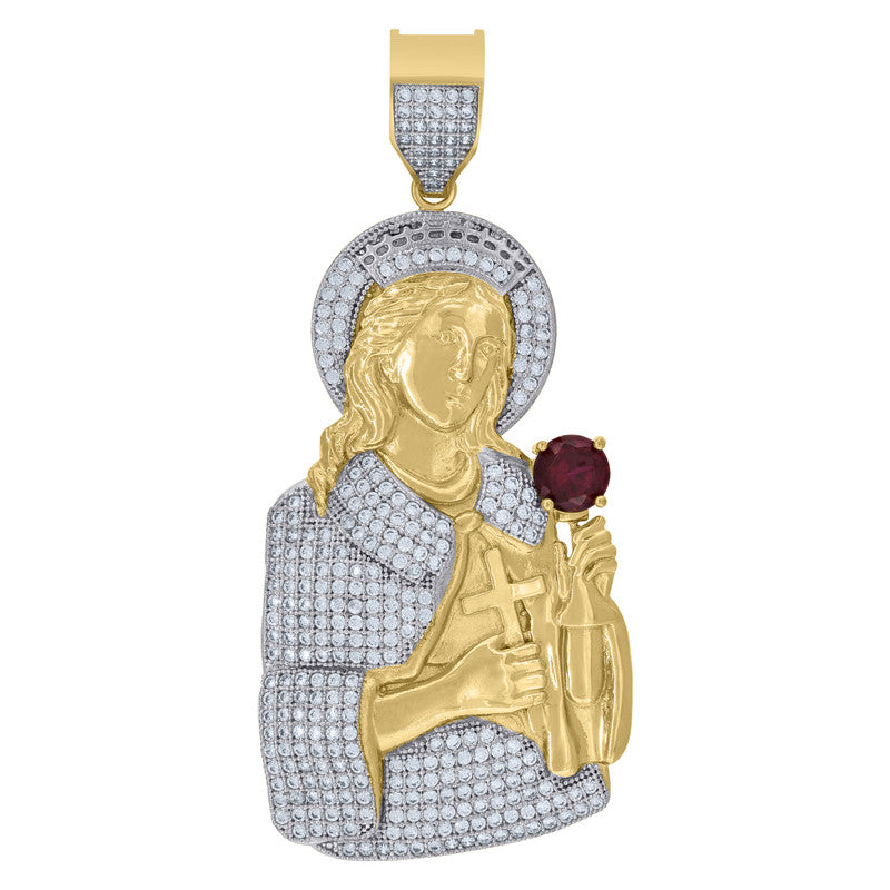10kt Two-Tone Gold Unisex Red White Cubic-Zirconia Religious Saint Barbara Charm Pendant