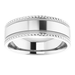 14K Yellow Or White Or Rose Gold Or Sterling Silver 7 mm Milgrain & Rope Stepped-Edge Comfort-Fit Flat Band