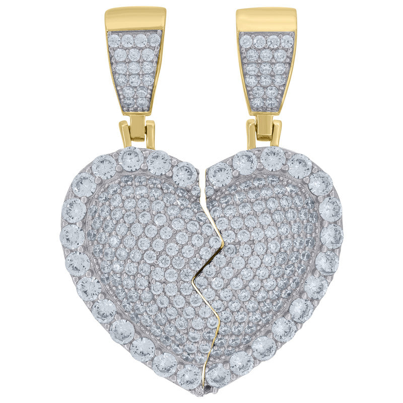 925 Sterling Silver Yellow-Tone Unisex Cubic-Zirconia Break Apart Broken Heart Charm Pendant