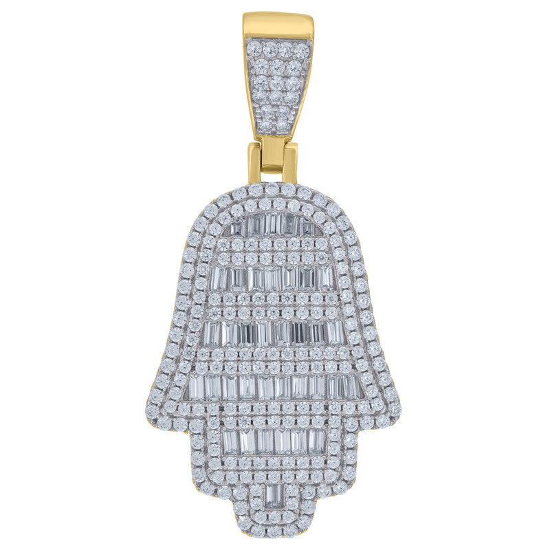 925 Sterling Silver Yellow-Tone Mens Baguette Round Cubic-Zirconia Humsa Symbol Religious Charm Pendant