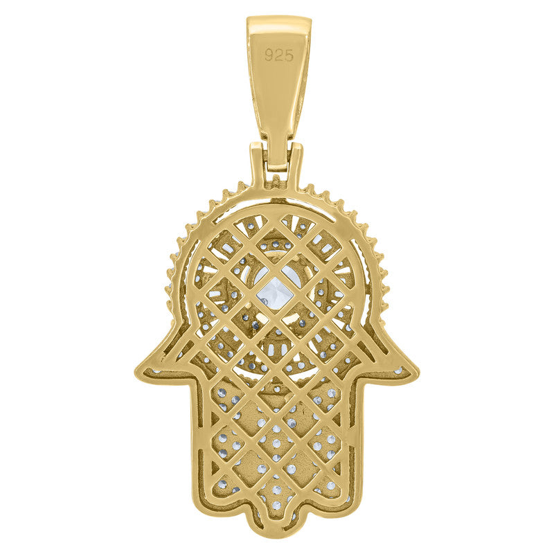 925 Sterling Silver Yellow-Tone Mens Baguette Round Cubic-Zirconia Humsa Symbol Religious Charm Pendant
