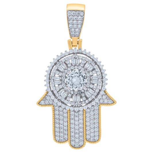 925 Sterling Silver Yellow-Tone Mens Baguette Round Cubic-Zirconia Humsa Symbol Religious Charm Pendant