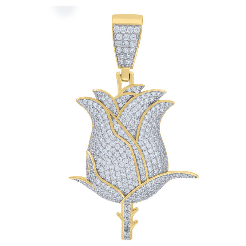 925 Sterling Silver Yellow-Tone Unisex Cubic-Zirconia Tulip Flower Love Charm Pendant