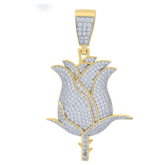 925 Sterling Silver Yellow-Tone Unisex Cubic-Zirconia Tulip Flower Love Charm Pendant