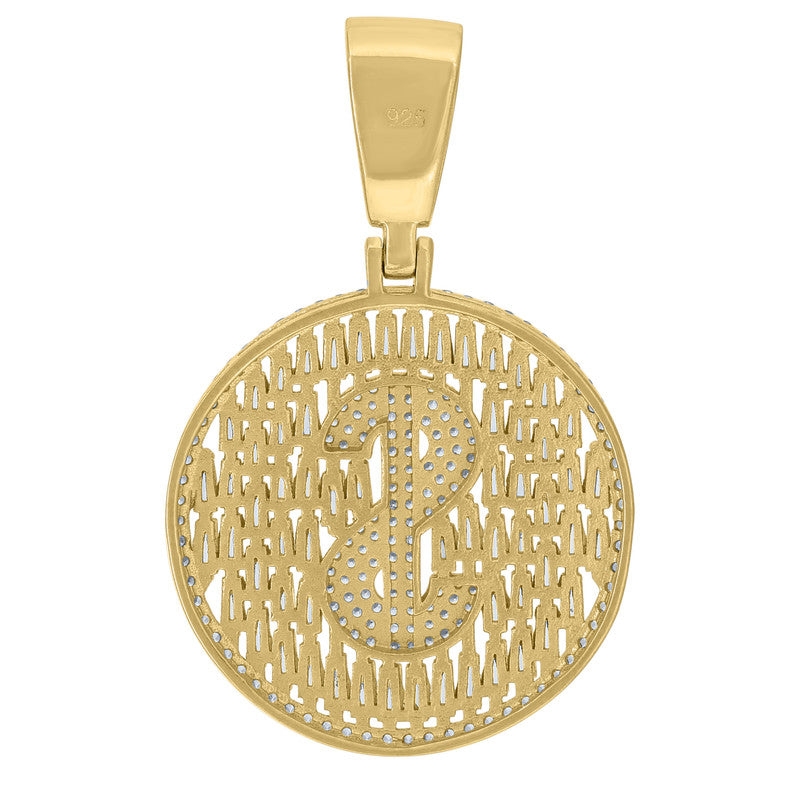 925 Sterling Silver Yellow-Tone Mens Baguette Round Cubic-Zirconia Medallion Dollar Sign Currency Fashion Charm Pendant