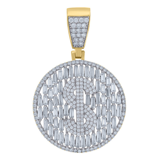 925 Sterling Silver Yellow-Tone Mens Baguette Round Cubic-Zirconia Medallion Dollar Sign Currency Fashion Charm Pendant