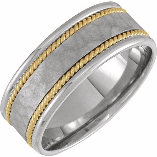 14K White/Yellow Polished 8 Mm Polished Rope Comfort-Fit Flat Band With Hammer Finish, Size 10