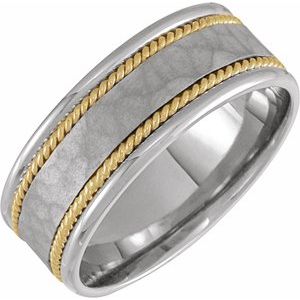 14K White/Yellow Gold 8 mm Flat Comfort-Fit Rope Band with Hammer Finish Size 9