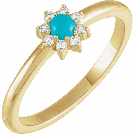 14K Yellow Gold Round 3 Mm Polished Natural Turquoise And .08 Ctw Natural Diamond Halo-Style Ring, Size 7