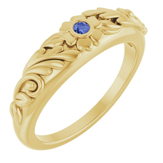 14K Yellow Gold Or Sterling Silver Round 2 Mm Polished Natural Tanzanite Floral Ring, Size 7