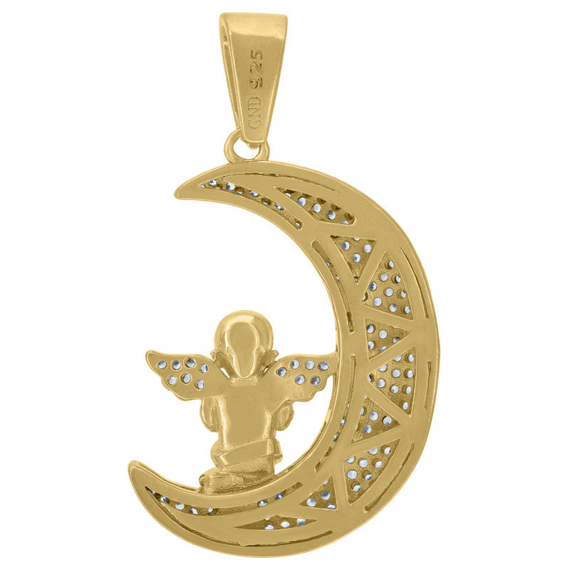 925 Sterling Silver Mens Cubic-Zirconia Angle Sitting On Half Moon Charm Pendant
