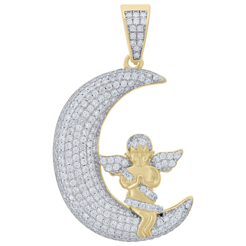 925 Sterling Silver Mens Cubic-Zirconia Angle Sitting On Half Moon Charm Pendant