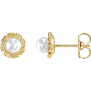 14K Yellow Gold Pearl 4 Mm Cultured White Akoya Pearl Leaf Earrings
