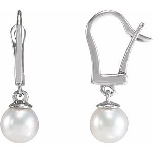 14K White Gold Pearl 5.0-6.5 Mm White Freshwater Cultured Pearl Lever Back Earrings