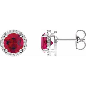 Sterling Silver Round 4.1 Mm Lab-Grown Ruby And .05 Ctw Natural Diamond Halo-Style Basket Earrings