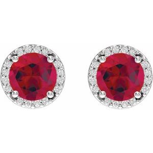 Sterling Silver Round 4.1 Mm Lab-Grown Ruby And .05 Ctw Natural Diamond Halo-Style Basket Earrings