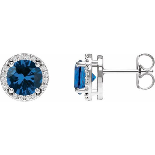 14K White Gold 5.2 Mm Round Friction Back Polished Lab-Grown Blue Sapphire And 1/10 Ctw Natural Diamond Halo-Style Basket Earrings