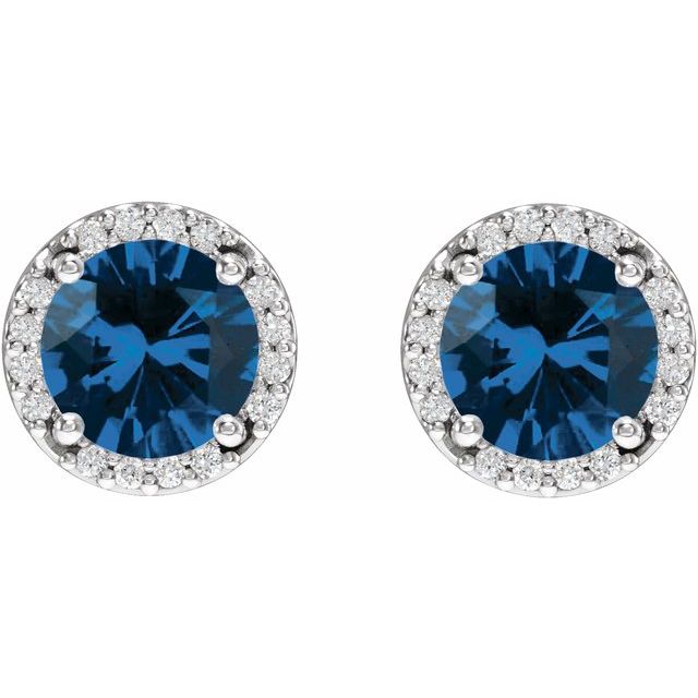 14K White Gold 5.2 Mm Round Friction Back Polished Lab-Grown Blue Sapphire And 1/10 Ctw Natural Diamond Halo-Style Basket Earrings
