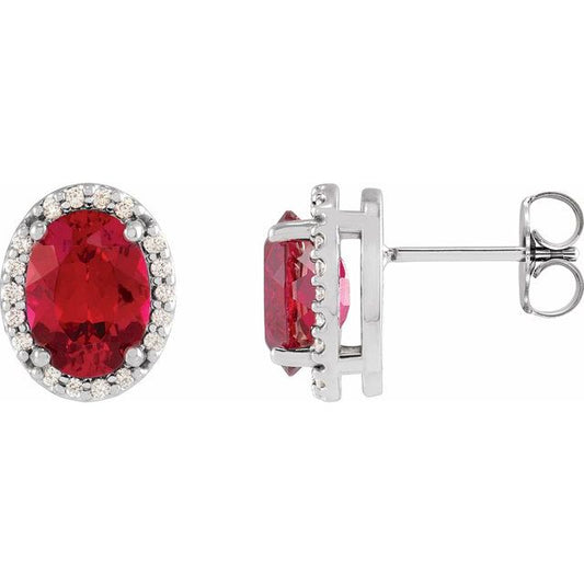 14K White Gold Oval 5 X 3 Mm Friction Backs Polished Lab-Grown Ruby And .04 Ctw Natural Diamond Halo-Style Basket Earrings