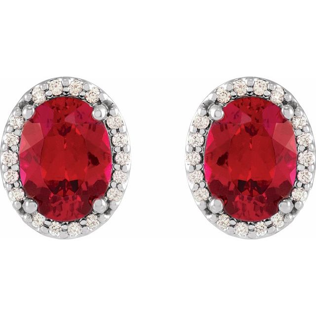 14K White Gold Oval 5 X 3 Mm Friction Backs Polished Lab-Grown Ruby And .04 Ctw Natural Diamond Halo-Style Basket Earrings