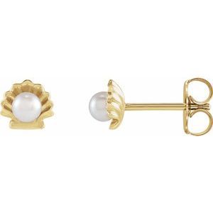 14K Yellow Gold Pearl 3 Mm Cultured White Seed Pearl Shell Earrings
