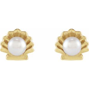 14K Yellow Gold Pearl 3 Mm Cultured White Seed Pearl Shell Earrings