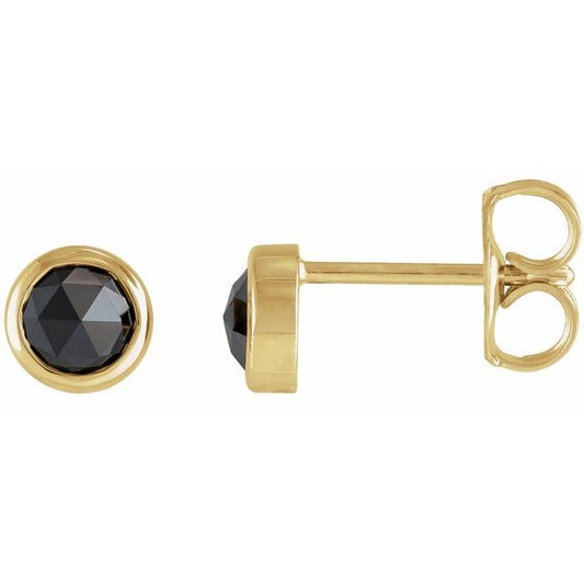 14K Yellow Gold Round Pair 4Mm Friction Bezel Polished 1/2 Ctw Black Rose-Cut Diamond Bezel-Set Solitaire Earrings
