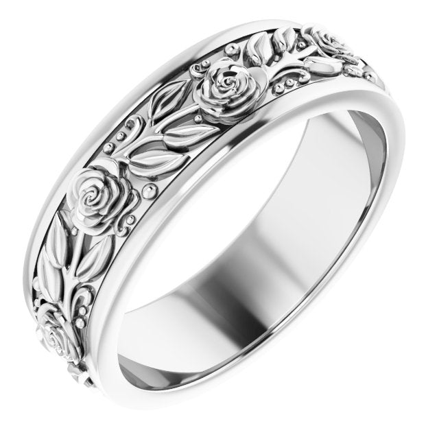 Sterling Silver 7 Mm Polished Floral Standard-Fit Flat Band, Size 11