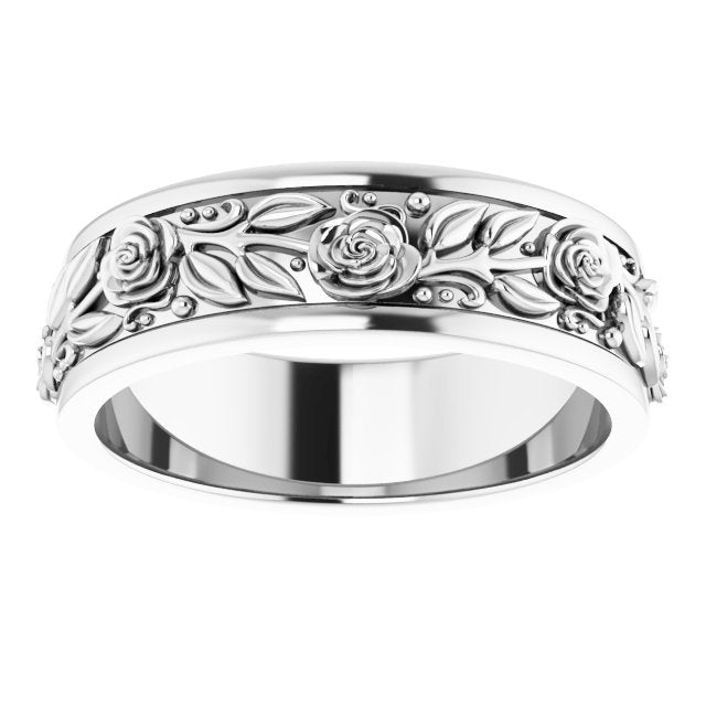 Sterling Silver 7 Mm Polished Floral Standard-Fit Flat Band, Size 11