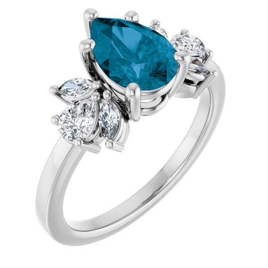14K White Or Yellow Gold Pear 9 X 6 Mm Polished Natural London Blue Topaz And 1/2 Ctw Lab-Grown Diamond Ring, Size 7