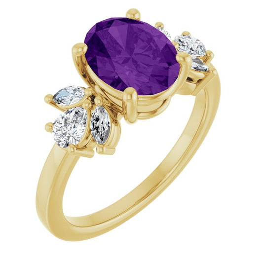 14K Yellow Gold Oval 9 X 7 Mm Polished Natural Amethyst And 1/2 Ctw Lab-Grown Diamond Ring, Size 7